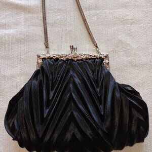 Black Satin rhinestone floral handbag silver tone hardware prom date club party